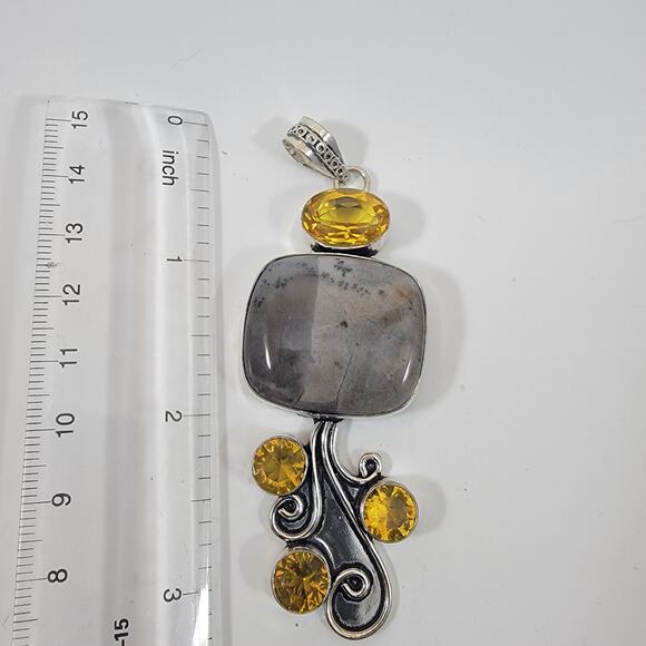 Handmade Silver Pendant with Dendritic Opal and Faceted Citrine Accents - Picture 2 of 10